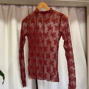 Free People Sheer Red Lace Long Sleeve Top